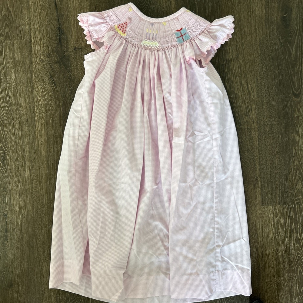 Stitchy Fish Smocked Birthday Dress Pink Blue Cake Gift Sz 5 Preppy ADORABLE